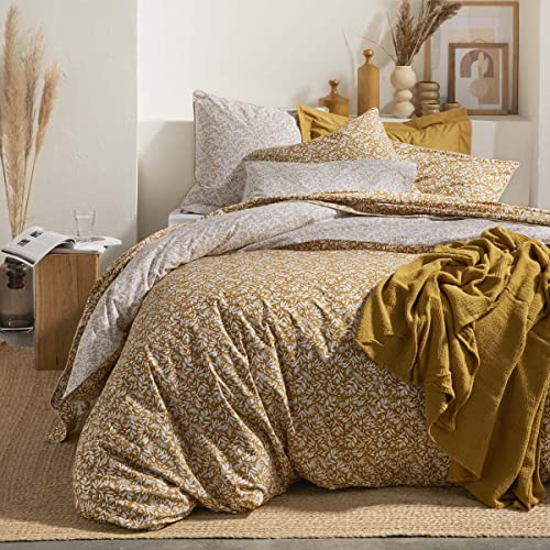 Printed Cotton Percale Duvet Cover, 140 cm x 220 cm, Ochre/Linen, Shade