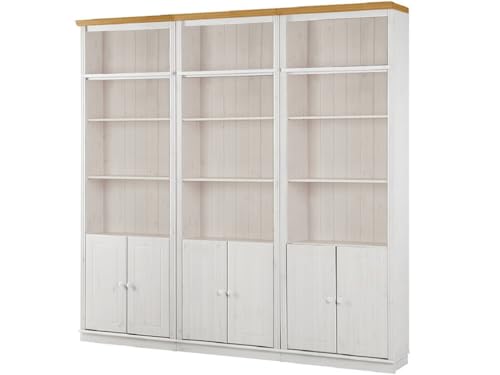 Anita Wall Unit B with 3 Bookcases and 6 Wooden Doors in White Honey, 222 x 34 x 223 cm (W x D x H)