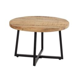 Home Source Mango Wood Round Coffee Table, Black Metal Legs, 70cm