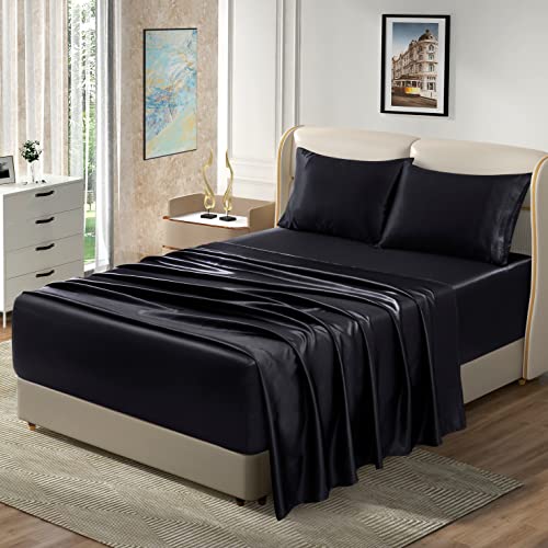 Homiest Queen Black Extra Deep Pocket Satin Sheets, 4-Piece - 18-24 Inch Pocket Depth, Silky Soft for Hair And Skin, Wrinkle And Fade Resistant, Machine Washable, Elegant Glossy Finish