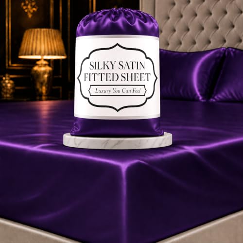 DECOLURE Satin Fitted Sheet King Size (1 PC) ??? Luxuriously Smooth & Softer Than Silk Bed Sheets w/ 15 Inch Deep Pocket Hypoallergenic Wrinkle Free, Secure Snug Fit, Elastic Corner Straps (Purple)