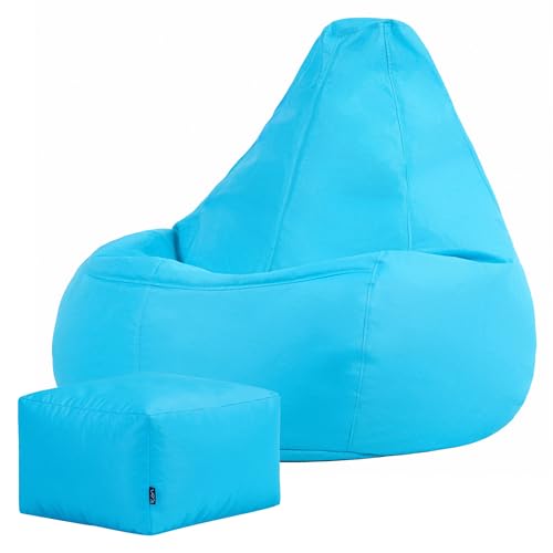 Bean Bag Bazaar Dalton Gaming Bean Bag and Footstool, Aqua Blue, Garden Chair, Water Resistant Fabric, Beanbag for Indoor and Outdoor Use with Filling Included, Garden Furniture, Outdoor Seating