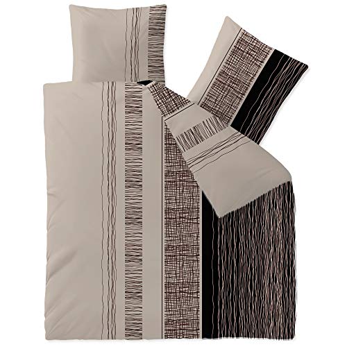 CelinaTex Touchme Flannelette Bed Linen 200 x 220 cm 3-Piece Cotton Duvet Cover Set, Bedding Set for Summer and Winter, All Year Round, Easy Care, Greta Beige Grey Black