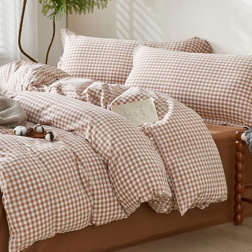 SAPHREAS Gingham Duvet Cover Set Queen Size, 100% Washed Cotton Linen Like Plaid Comforter Cover with Zipper Closure & Corner Ties (No Comforter), 90x90 Taupe