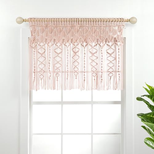 Lush Decor Boho Macrame Textured Cotton Valance/Kitchen Curtain/Wall Decor, 30 in x 40 in (L x W), Blush