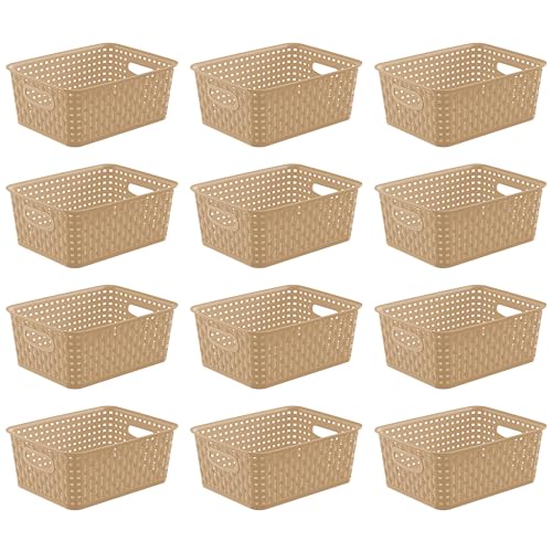 YYQX Khaki Stackable Storage Baskets, Plastic Weave Basket Organizer and Storage Set of 12, Pantry Organizing Baskets for Shelves, Kitchens, Bathrooms, Classrooms, Cabinets and Bedrooms