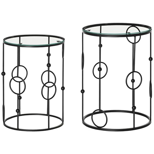 HOMCOM Round Coffee Table Set of 2, Nesting Side End Tables with Tempered Glass Top and Steel Frame for Living Room, Black