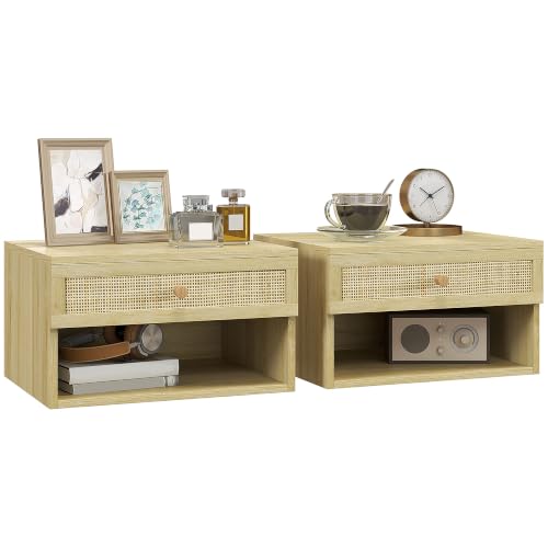 HOMCOM Floating Bedside Tables Rattan Drawer Set of 2 Nature Wood Finish