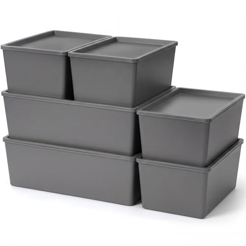 Menkxi 6 Pcs Plastic Storage Bins with Lids Stackable Storage Containers Durable Box Baskets for Organizing Shelves Playroom Classroom Office (Large and Small,Grey)