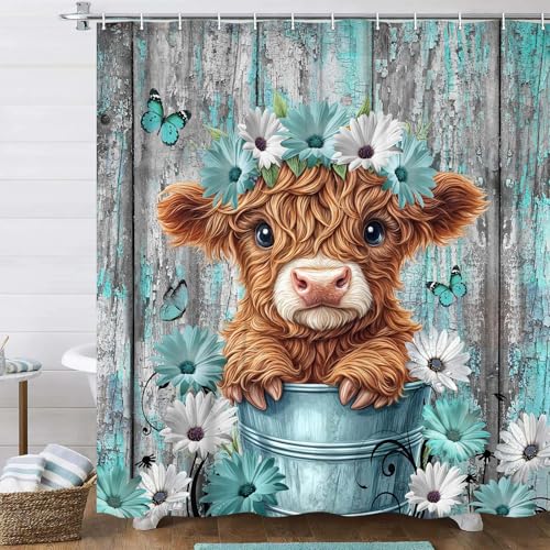 Funny Highland Cow Shower Curtain for Bathroom Decor, Teal Farm Teal Daisy Floral Flowers and Butterfly on Country Wooden Farmhouse Bath Curtain Country Animal Flower Waterproof 12 Hooks 70X70in