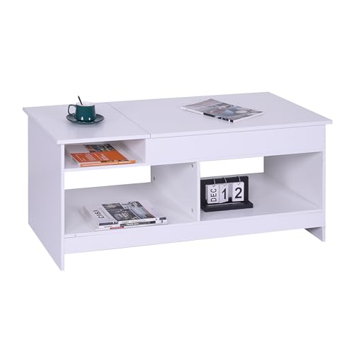 Relaxdays lift-top coffee table, HWD: 50x110x50 cm, living room table with storage, extra surface, white