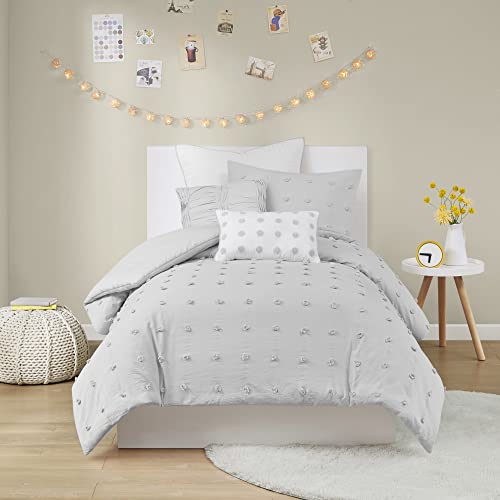 URBAN HABITAT Brooklyn Duvet Set 100% Cotton Jacquard, Tufts Accent, Embroidered Toss Pillows, Shabby Chic All Season Comfoter Cover, Matching Shams, Bedskirt, Twin/Twin XL, Grey 5 Piece