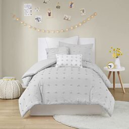 URBAN HABITAT Brooklyn Duvet Set 100% Cotton Jacquard, Tufts Accent, Embroidered Toss Pillows, Shabby Chic All Season Comfoter Cover, Matching Shams, Bedskirt, Twin/Twin XL, Grey 5 Piece