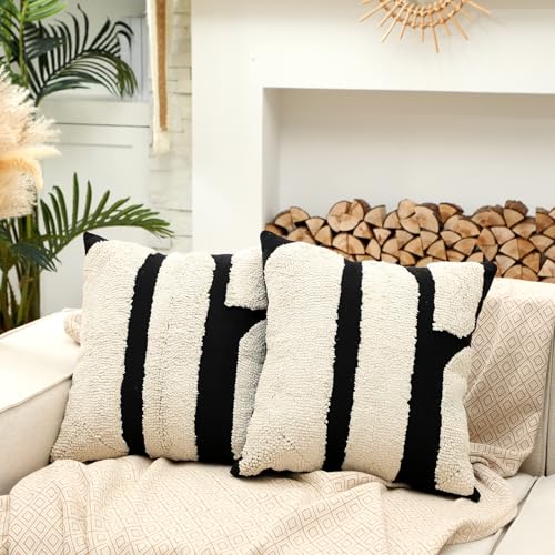 Oudain 2 Pcs Boho Chunky Tufted Pillow Covers 18 x 18 Inches Modern Abstract Tufted Pillow Cases Decorative Farmhouse Textured Pillowcases for Living Room Sofa(Beige,Classic Style)