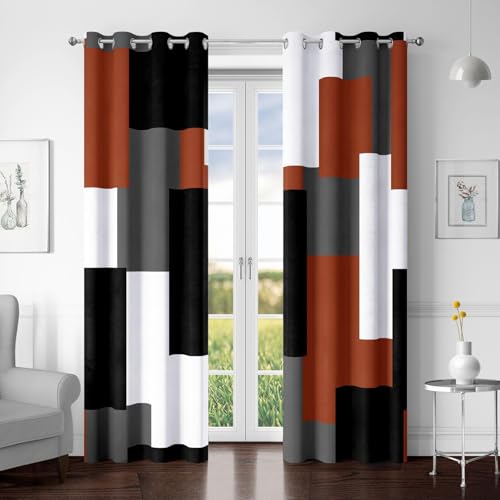 Tyrot Burnt Orange 100% Blackout Curtains for Bedroom 72 inch Length 2 Panels Set Grey Modern Abstract Geometric Black Out Curtains Insulated Room Darkening Window Drapes for Living Room, 52Wx72L