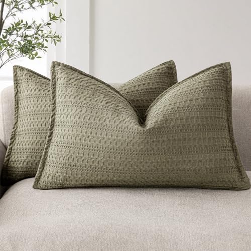 Foindtower Set of 2 Decorative Cotton Waffle Weave Lumbar Throw Pillow Covers Euro Shams Cushion Covers Accent European Pillowcase for Bed Couch Bedroom Living Room Home Decor 12??20 Inch Olive Green
