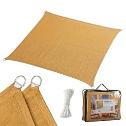 Relaxdays Shade Sail, 2x2 m, breathable HDPE, garden & balcony, with eyelets & guy ropes, square, sand