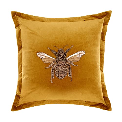 Voyage Maison Layla Feather Filled Cushion – Velvet Embroidered Bee Gold Oxford Edge Ikon Luxury Décor (Mustard - 50x50cm)