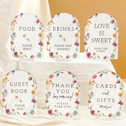"Vercraft 6 Pcs Wildflower Wedding Wood Table Decorations Take One Sign Thank You Acrylic Sign Centerpieces with Stand 5 x 7"" Wedding Birthday Party Decorations for Guests Gifts"