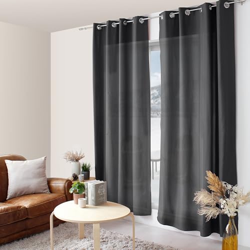 ED ENJOY HOME Dark Grey Curtain 140 x 240 cm Metal Eyelets Microfibre Fabric Cotton Voile Look for Bedroom and Living Room