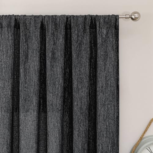 Simplebrand Black Faux Linen Textured Semi Sheer Curtains 96 Inches Long 2 Panels Set, Light Filtering Soft Thick Farmhouse Curtains Window Treatment for Bedroom/Living Room/Dining Room, 50 x 96 Inch