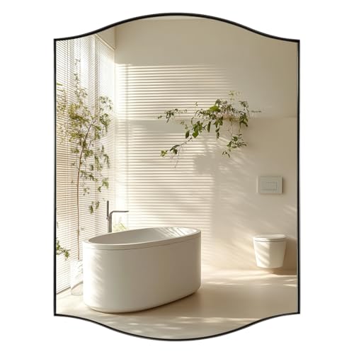 "ANDY STAR Scalloped Bathroom Mirror???24""x32"" Brushed Nickel Rectangle Wall Mirror with Curved Edge Stainless Steel Metal Frame, Silver Vanity Wall-Mounted Mirror for Bathroom, Entryway"
