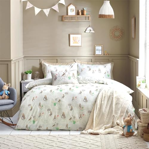 Peter Rabbit™ Classic Duvet Cover Set – Reversible 100% Cotton Storybook Motif Polka Dot Bedding (Natural – Single – 137x200cm)