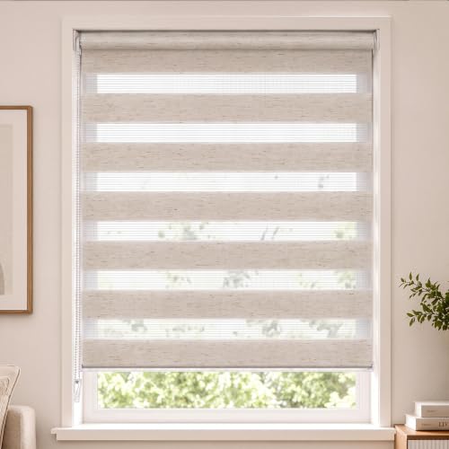 VOUNOT?? Day and Night Zebra Roller Blinds No Drill, 80x150cm Linen - Double Layer Translucent and Blackout Fabric, Easy Installation Window Shades Fit Home Office Bedroom Kids Room Easy