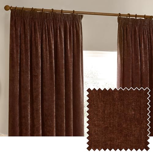 Yard Heavy Chenille Pencil Pleat Curtain Pair – Lined Room Darkening Soft Velvet Curtains (Nutmeg – Width 229 x Drop 229cm)