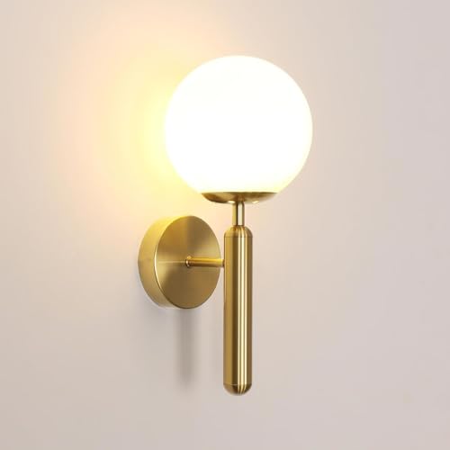 Comely Indoor Wall Lamp, E27 Wall Sconce Lights with Milky Glass Lampshade, Gold Finish Wall Lighting Fixtures for Bedroom Living Room Restaurant Kitchen Stair