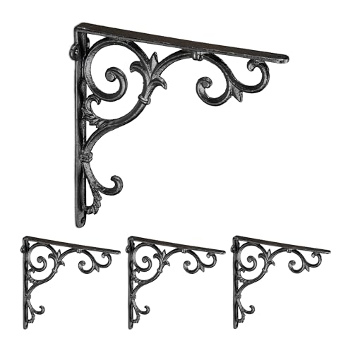Relaxdays Shelf Brackets, Set of 4, Cast Iron, Antique Style Supports, for Wall-Mounted Shelves, 24.5x4x24.5 cm, Black