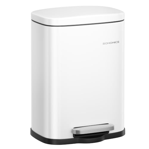 SONGMICS 5L Matte White Bathroom Bin, Easy-Clean Steel, Soft-Close Lid - Hands-Free Opening, Bag Holder and Space-Saving Design for Bathrooms and Small Spaces, LTB005WZ02