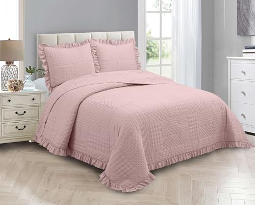 MK Collection Embossed Modern Ultasonic Quilted Oversized Coverlet Bedspread Set Solid Color New #Ruby (Pink, King/Cal King)