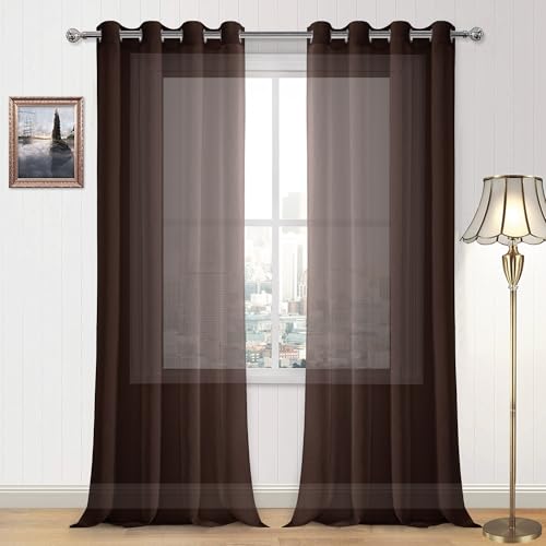 DWCN Brown Sheer Curtains for Living Room Bedroom - Faux Linen Look Voile Drapes Grommet Top Window Curtain Panel 52 x 108 Inch Length, Set of 2 Panels