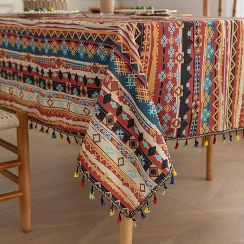 "Erbnaryx Boho Tablecloth for Square Tables,Fringed Edges with Geometric Pattern Tablecloths,Farmhouse Floral Table Cover Cloth Decorative for Kitchen Dining Room,59""x 70"""