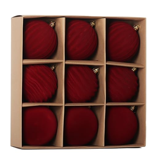 Senjie 3.94 inch Burgundy Velvet Christmas Ornaments Balls Flocked Christmas Tree 9PCS Plastic Balls Xmas Hanging Ornaments Decoration Red