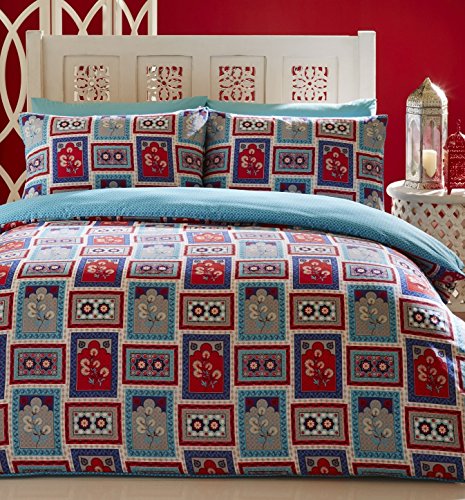 Jaipur King Size Duvet Cover and 2 Pillowcase Bed Set Bedding - Indian design -Blue, Red Colours