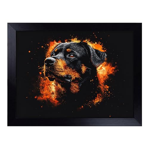 Lap Tray with Bean Bag Cushion, Rottweiler Dog Illustrated - Handmade in the UK, Raised Wooden Edge, Padded Cushion, Heat-Resistant Wipe-Clean Surface, for Meals, Laptops and Crafts