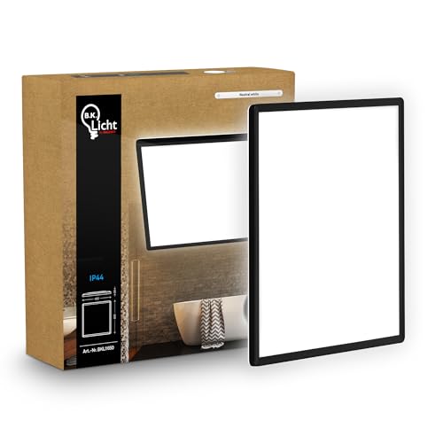 B.K.Licht - LED Panel, Slim, 4000K Neutral White, Indirect Backlighting, IP44 Splash-Proof, Ceiling Lights, Bathroom Light, Bathroom Lights Ceiling, Living Room, 42 x 42 x 3 cm, Black