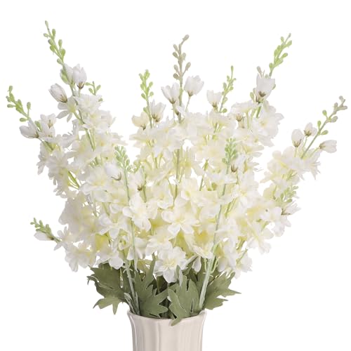 Ovveroche 10 Pcs Delphinium Artificial Flowers for Decoration, 33.86 Inch Long Stem Larkspur Fake Flowers Light Blue Faux Silk Bouquets for Tall Vase Wedding Home Decor Floral Arrangements(White)