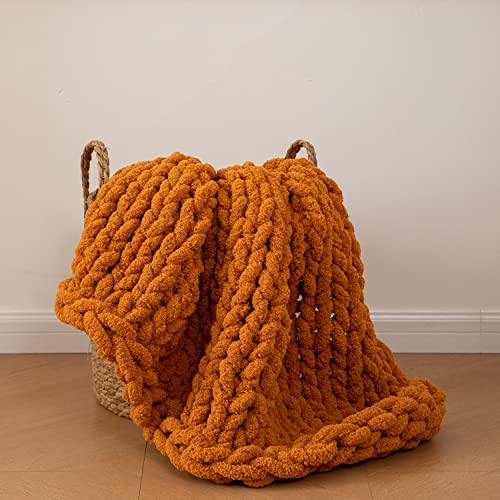 "REPRECONF Chunky Knit Blanket Soft Chenille Yarn Knitted Throw Blanket 50""X60"" Handmade Cable Warm Thick Giant Blanket for Couch Bed Trips (Burnt Orange, Throw 50¡°x60¡±)¡"""