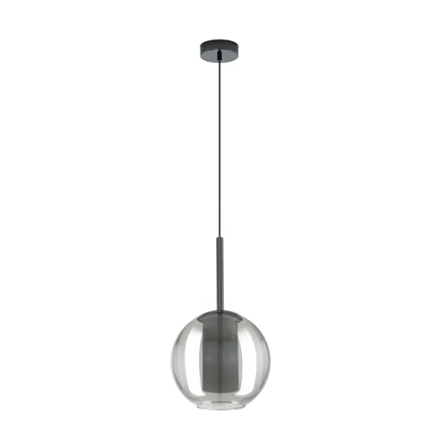 EGLO Tindari Pendant Light, 1-Bulb Pendant Light, Metal Pendant Light in Nickel Nero and Glass in Black Transparent, Dining Table Lamp, Living Room Lamp Hanging with E27 Socket