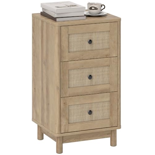 HOMCOM Bohemian Rattan Chest of Drawers 3 Drawer Dresser Living Room Oak - Pine Wood Legs, Storage Unit, Hallway