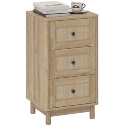 HOMCOM Bohemian Rattan Chest of Drawers 3 Drawer Dresser Living Room Oak - Pine Wood Legs, Storage Unit, Hallway