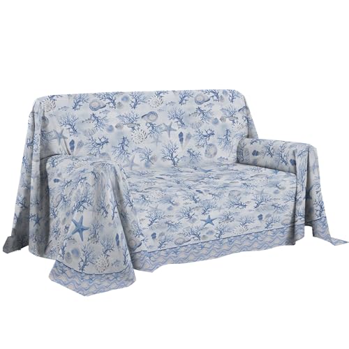 PENSIERI DELICATI Sofa Cover, 250 x 290 cm, Made in Italy, 100% Pure Cotton, Navy Blue Pattern, Ideal as a Furniture Cover, Sofa or Summer Bedspread (Double Bed)
