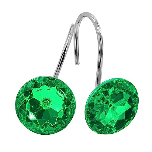 Green Diamond Crystal Bling Shower Curtain Hooks Rings for Bathroom,12PCS - Metal Rust Proof Decorative Shower Rings,Round Gem Shower Hangers,Easy Installation,Smooth Sliding