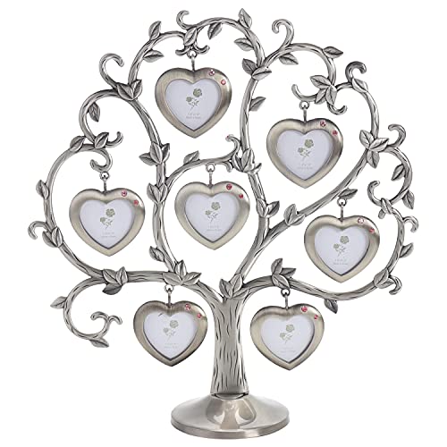 LASODY Antique Silver Family Tree with 7 Hanging Picture Frames Metal Table TOP Photo Frame Decoration.