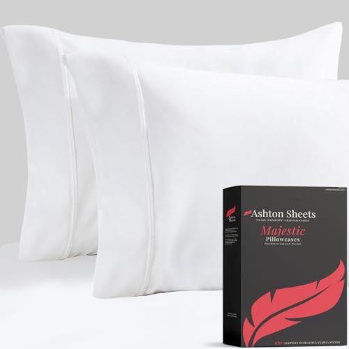 Ashton Sheets Luxury Egyptian Cotton Standard/Queen Pillow Cases Set of 2-1000 Thread Count White Standard/Queen Pillowcases, Soft, Sateen Weave Cooling Pillowcase for Standard/Queen Pillows