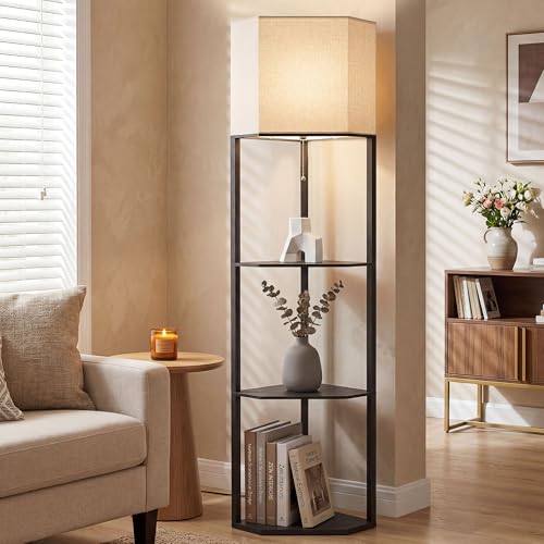 HOMCOM Corner Floor Lamp with Shelves and Lights, Modern Tall Standing Lamp with Chain Switch for Living Room, Bedroom, Bulb Not Included, Black