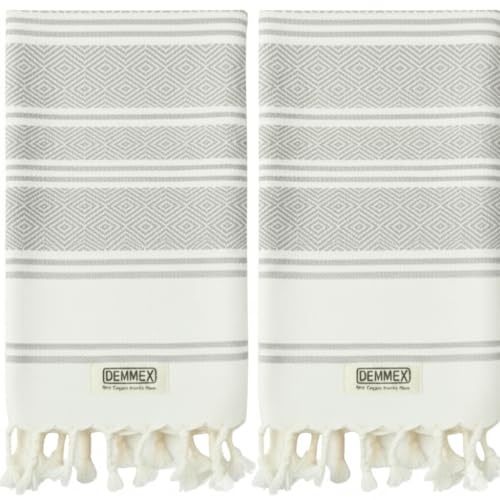 DEMMEX Certified Organic & OEKO-TEX Turkish Cotton Hand Towels - Set of 2, Quick Dry, Absorbent for Bathroom, Kitchen, Travel – Soft Diamond Weave, Prewashed, 45X90cm (Grey)